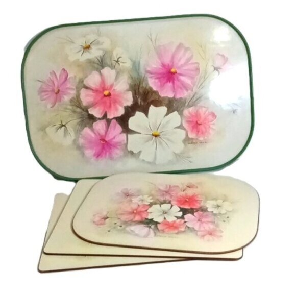 Vintage Norma Wiles South Africa Tray & Cork Backed Mats Cosmos Flowers Set of 4 - Picture 1 of 10